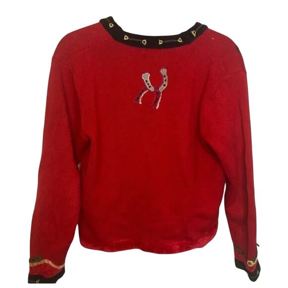 Berek Horse Cardigan Sweater Medium Red Black Trim Equestrian Western Y2K - Picture 3 of 5
